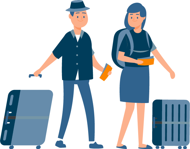 Ein Pärchen am Flughafen mit Gepäck